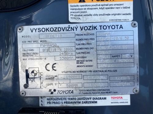Čelní vysokozdvižný vozík TOYOTA 8FBET18